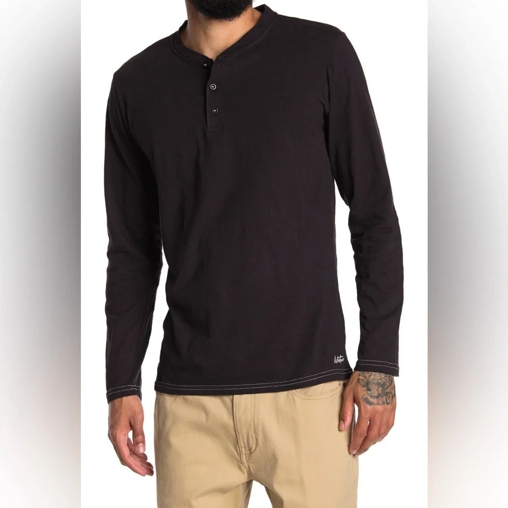 MISTER Long Sleeve Slub Henley, BLACK, Size Large, NWT